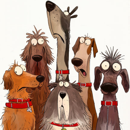 Illustration of six cartoon dogs with different breeds and expressions quilt panel