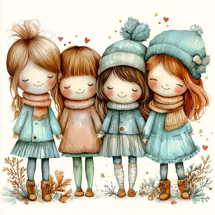 best friends winter clothing with a snowy background fabric panel