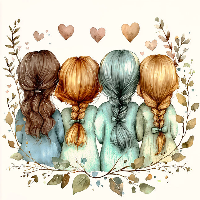 Illustration of four girls with braided hair surrounded by hearts and leaves fabric panel