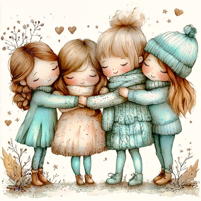 Illustration of four children hugging fabric panel
