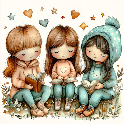 Three illustrated girls reading books with a heart theme fabric panel