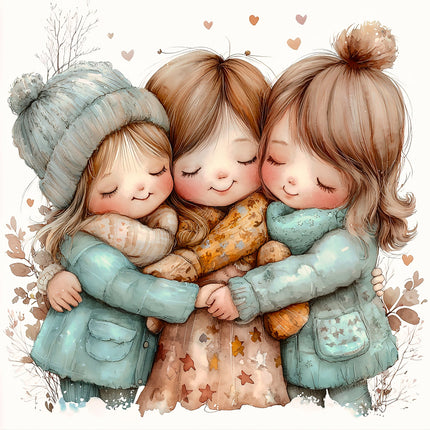 Three children hugging fabric panel