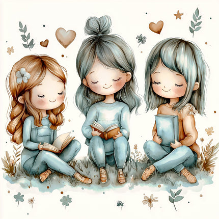 Illustration of three girls sitting together, each reading a book, with a heart and flower quilt block