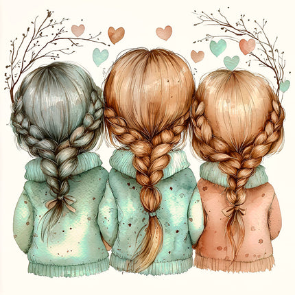 Three girls with braided hair wearing matching outfits surrounded by heart-shaped balloons fabric panel