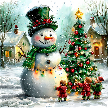 Snowman with children decorating a Christmas tree in a snowy village scene fabric panel