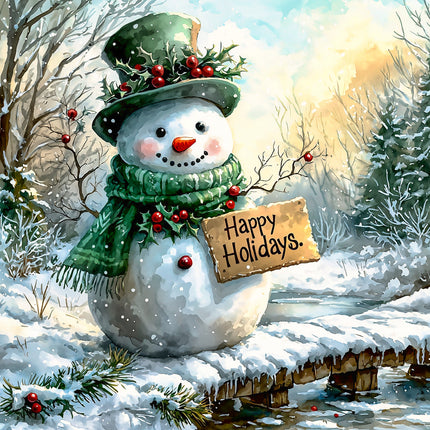 Snowman with a 'Happy Holidays' fabric panel