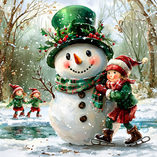 Snowman with a child in a festive scene with ice skating children in the background fabric panel