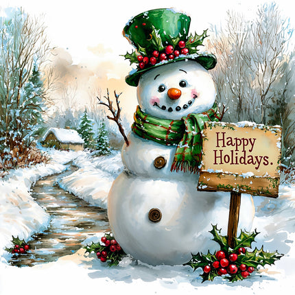 Snowman with a 'Happy Holidays' sign in a snowy landscape fabric panel