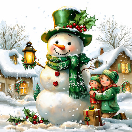 fabric panel of a snowman with a green hat and scarf, surrounded by a snowy village scene.