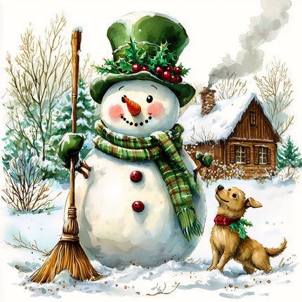 Snowman with a dog in a snowy landscape fabric panel