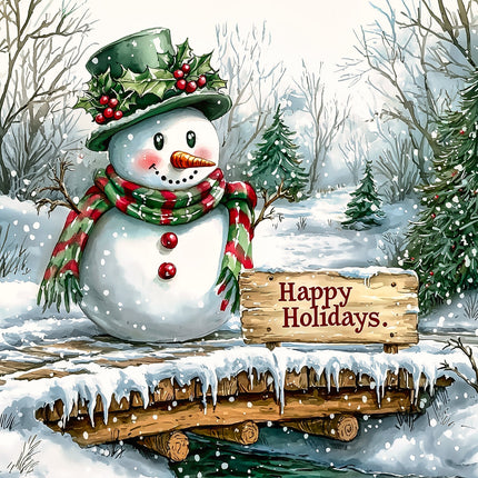 Snowman with a festive hat and scarf standing next to a 'Happy Holidays' sign in a snowy landscape fabric panel