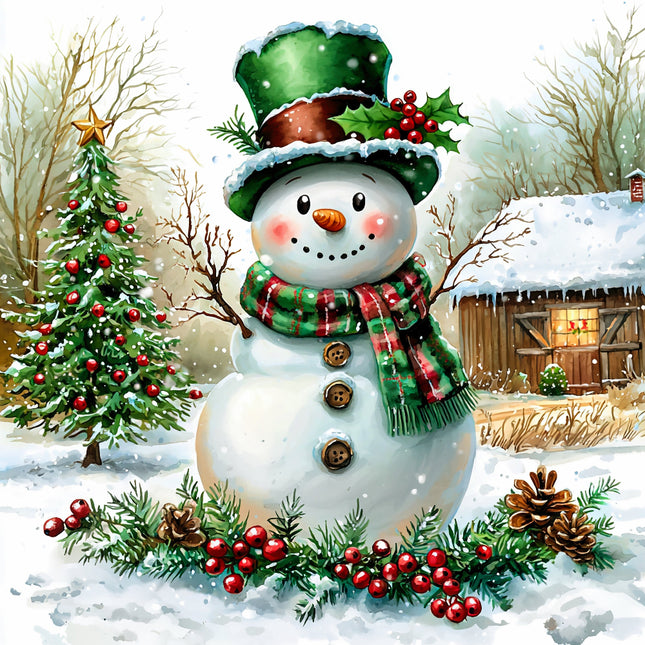 Snowman with a green hat and red scarf in a snowy landscape with a house and tree fabric panel