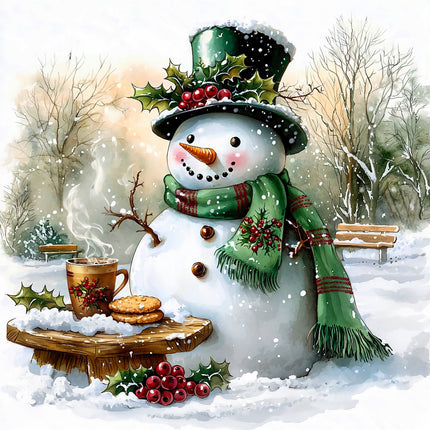 Snowman with a green hat and scarf, sitting on a bench with a cup of coffee and cookies in a snowy landscape fabric panel