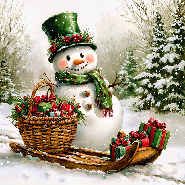 Snowman with a green top hat and scarf, sitting on a sled with a basket of presents in a snowy landscape quilt block