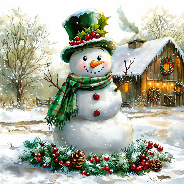 Snowman with a festive hat and scarf in a snowy landscape with a wooden cabin fabric panel