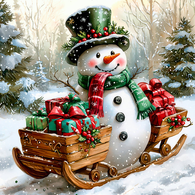 Snowman with a sleigh full of Christmas presents in a snowy forest setting fabric panel