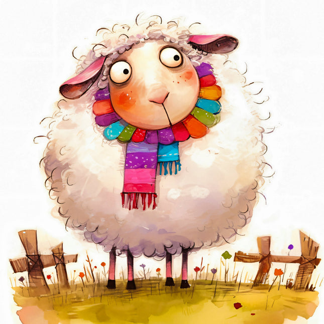 Cartoon sheep with a colorful scarf in a field fabric panel