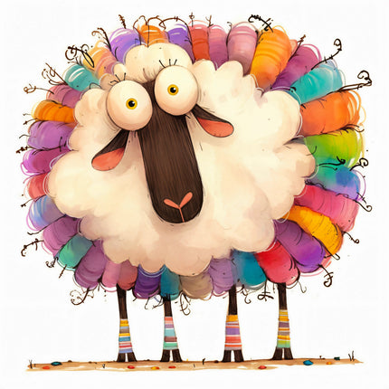 Colorful cartoon sheep with a rainbow-colored fleece on a white background