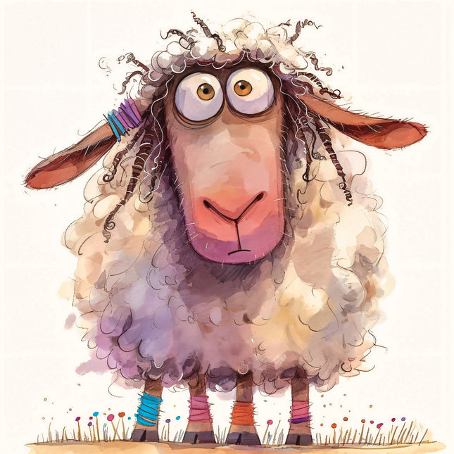Illustration of a cartoon sheep with colorful accessories fabric panel