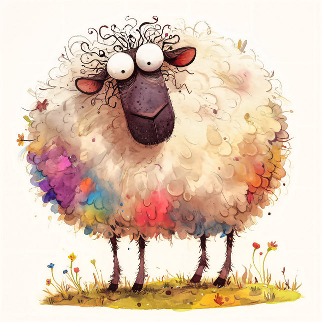sheep with a rainbow pattern fabric panel