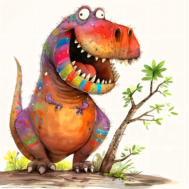 Colorful cartoon dinosaur with a rainbow pattern fabric panel