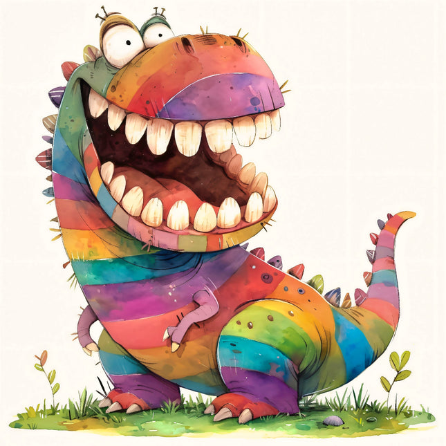 Colorful cartoon dinosaur with a big open mouth fabric panel