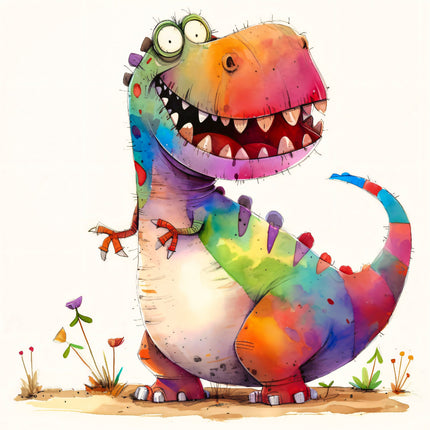 Colorful cartoon dinosaur with a happy expression fabric panel