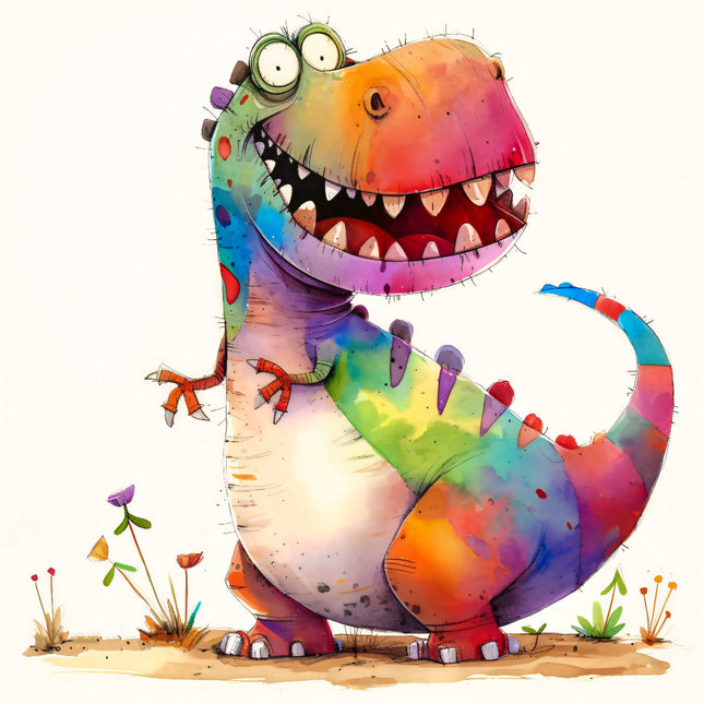 Colorful cartoon dinosaur with a happy expression fabric panel