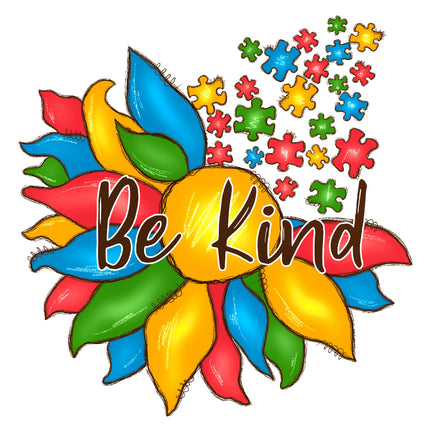 Colorful sunflower with 'Be Kind' text and puzzle pieces quilt block