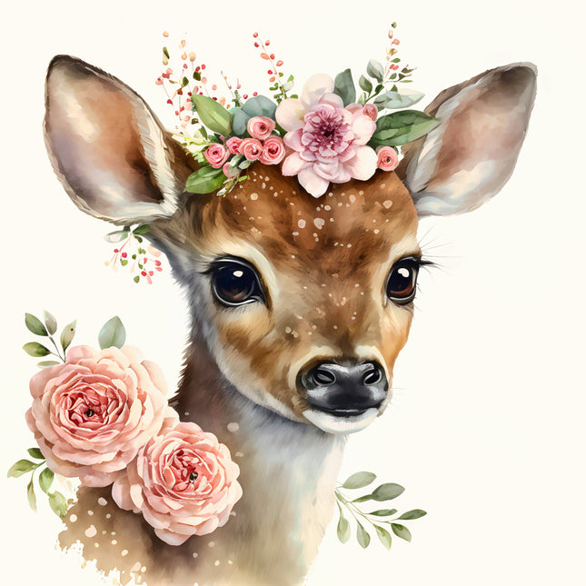 Deer with floral crown and pink roses quilt panel