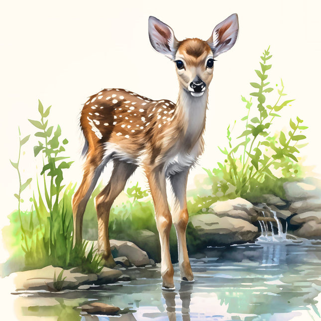 Deer standing by a stream fabric panel