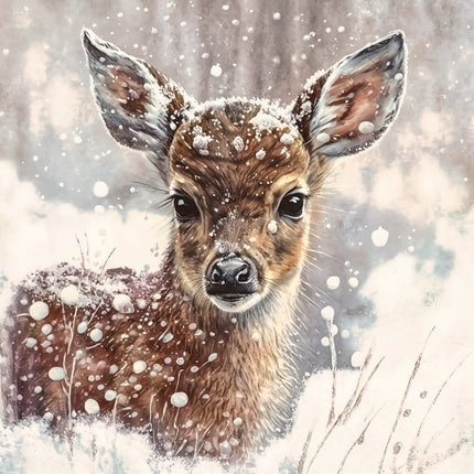 Deer in a snowy landscape with snowflakes falling quilt panel