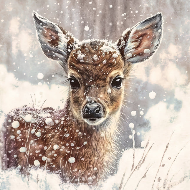 Deer in a snowy landscape with snowflakes falling quilt panel