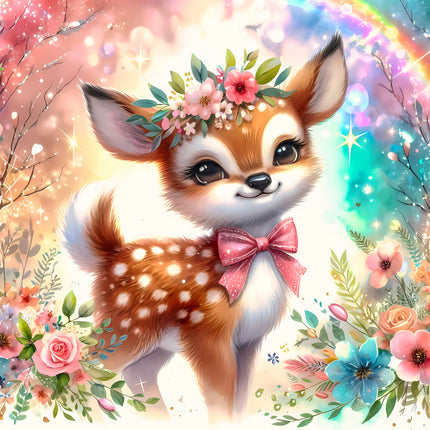 Illustration of a deer with a flower crown and bow tie surrounded by flowers and a rainbow quilt panel