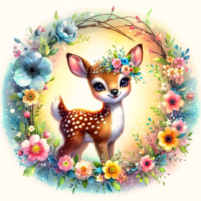 Illustration of a deer surrounded by colorful flowers and foliage fabric panel