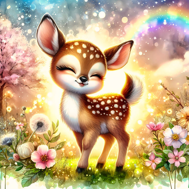 Cartoon deer in a magical forest with flowers and a rainbow