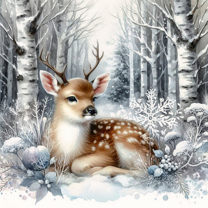Deer in a snowy forest with birch trees and snowflakes quilt panel