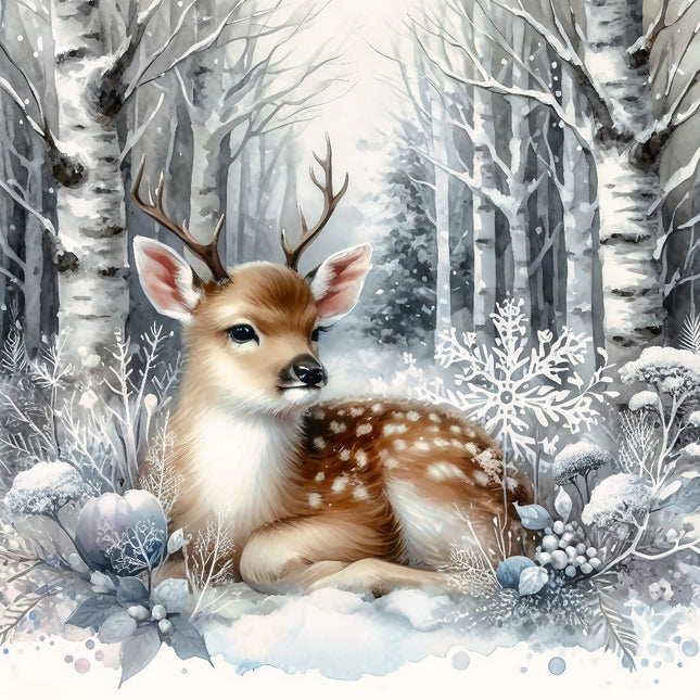 Deer in a snowy forest with birch trees and snowflakes quilt panel