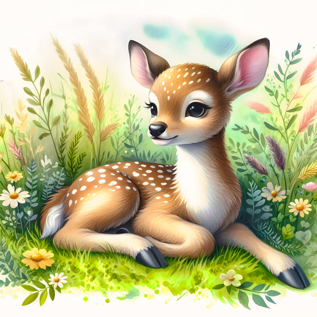 baby deer sitting in a garden with flowers and plants fabric panel