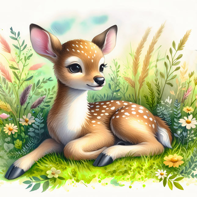 deer sitting in a grassy field with flowers quilt panel