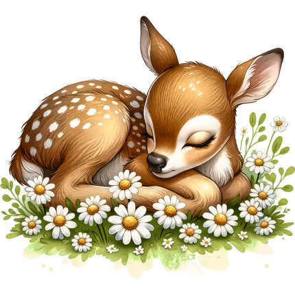 Sleeping baby deer surrounded by flowers fabric panel