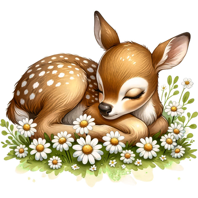 Sleeping baby deer surrounded by flowers fabric panel
