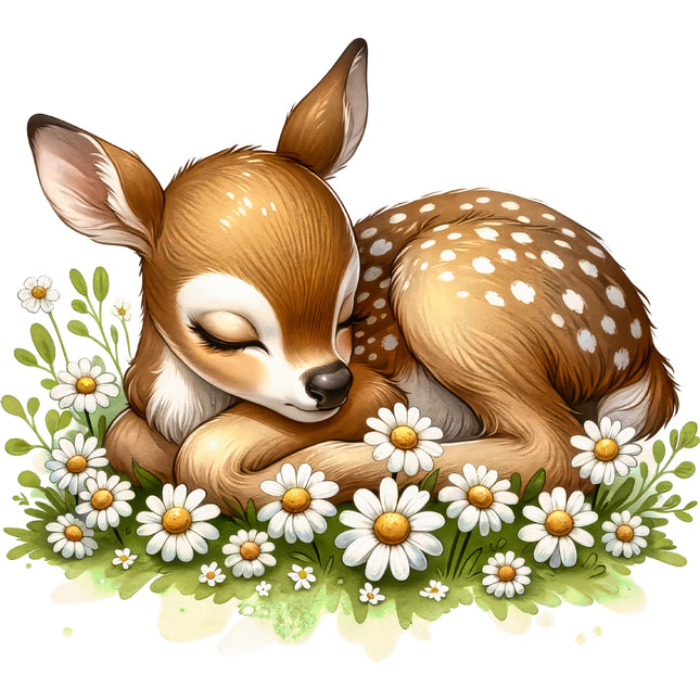 Illustration of a sleeping deer surrounded by flowers fabric panel