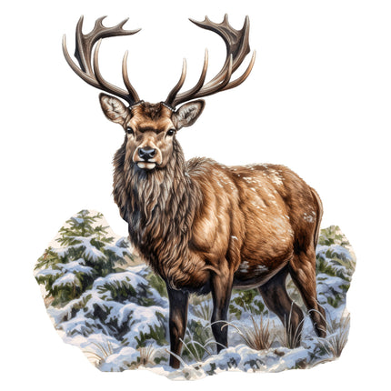 Stag with large antlers standing in a snowy landscape fabric panel