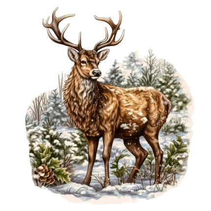 Deer in a snowy forest fabric panel