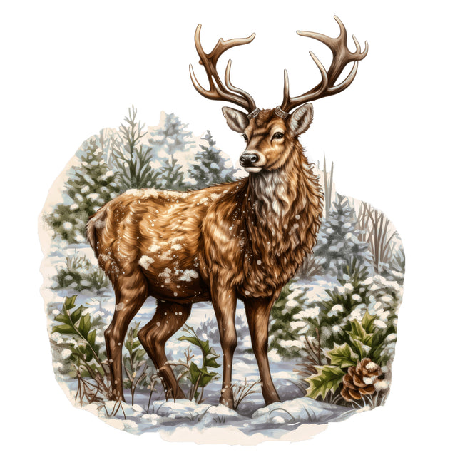 Deer in a snowy forest setting fabric panel