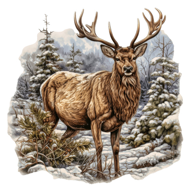 Deer with large antlers in a snowy forest landscape quilt panel