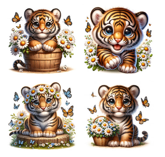 4 Piece 6"x6" Baby Tigers 100% Cotton Fabric Panel Squares | Quilting Sewing Blocks