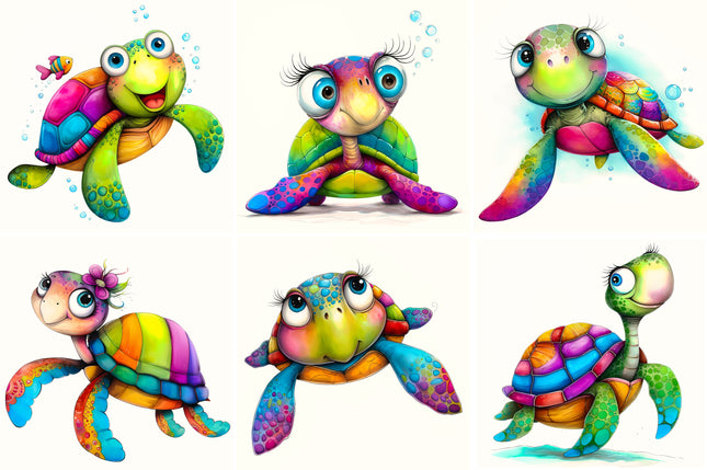 6 Piece 6"x6" Whimsical Turtles 100% Cotton Fabric Panel Squares Quilting Blocks