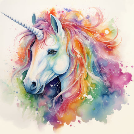A digitally printed 100% cotton fabric panel featuring a colorful unicorn head with a mane and unicorn horn, with a splash of multicolored paint around it.